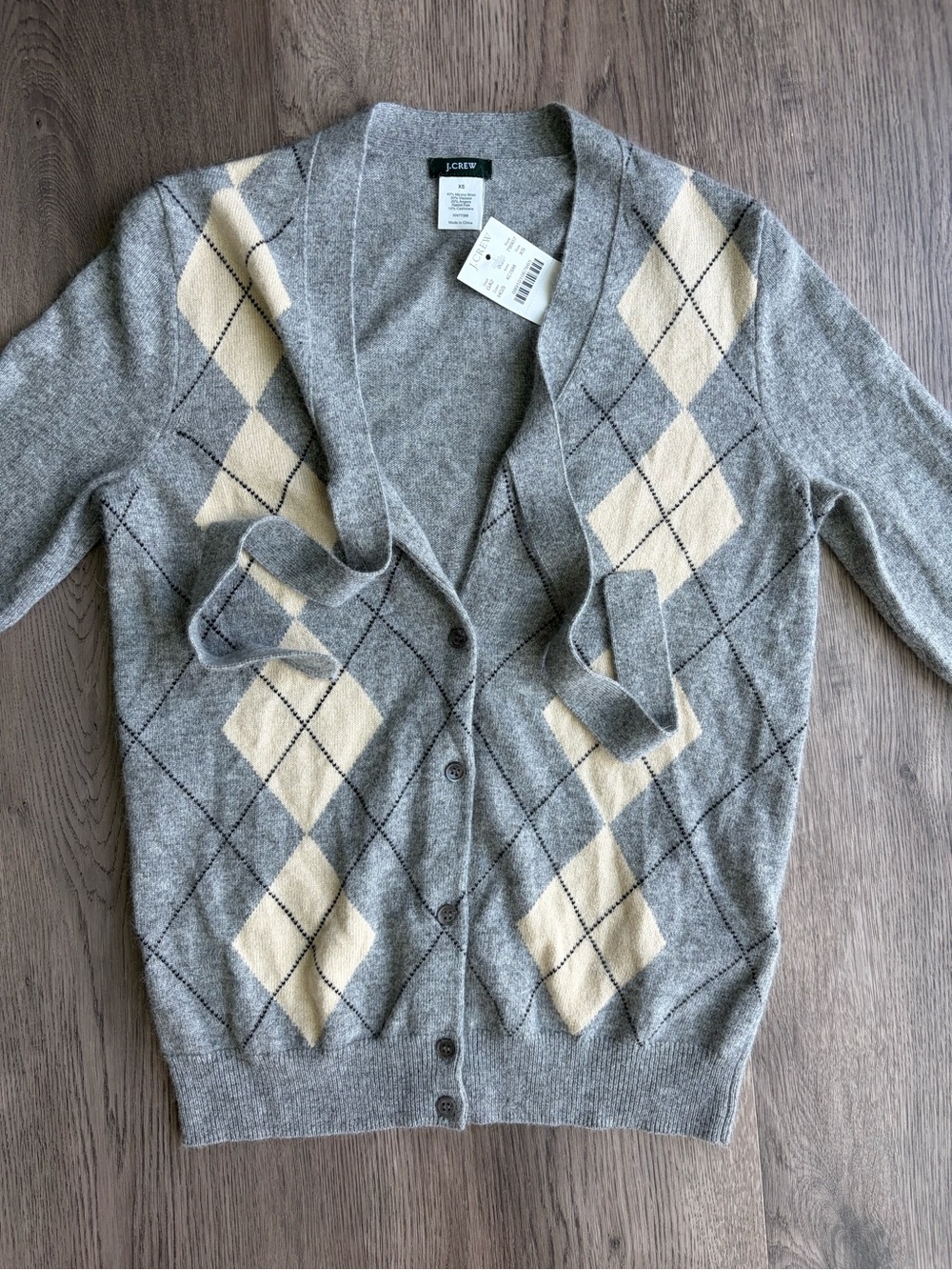 J. Crew Gray Argyle Button-Front Cardigan with Cream Diamonds